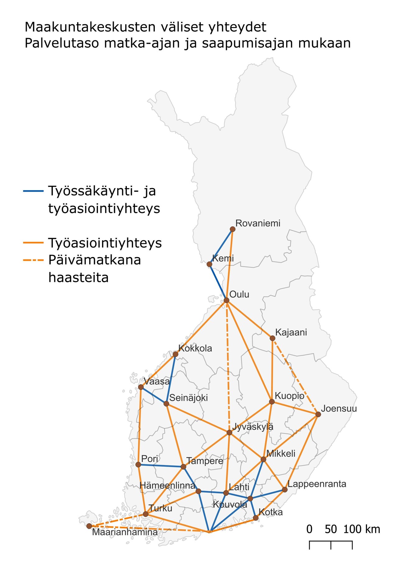 Suomen kartalla esitetty toteutunut joukkoliikenteen palvelutaso vierekkäisten maakuntakeskusten välillä