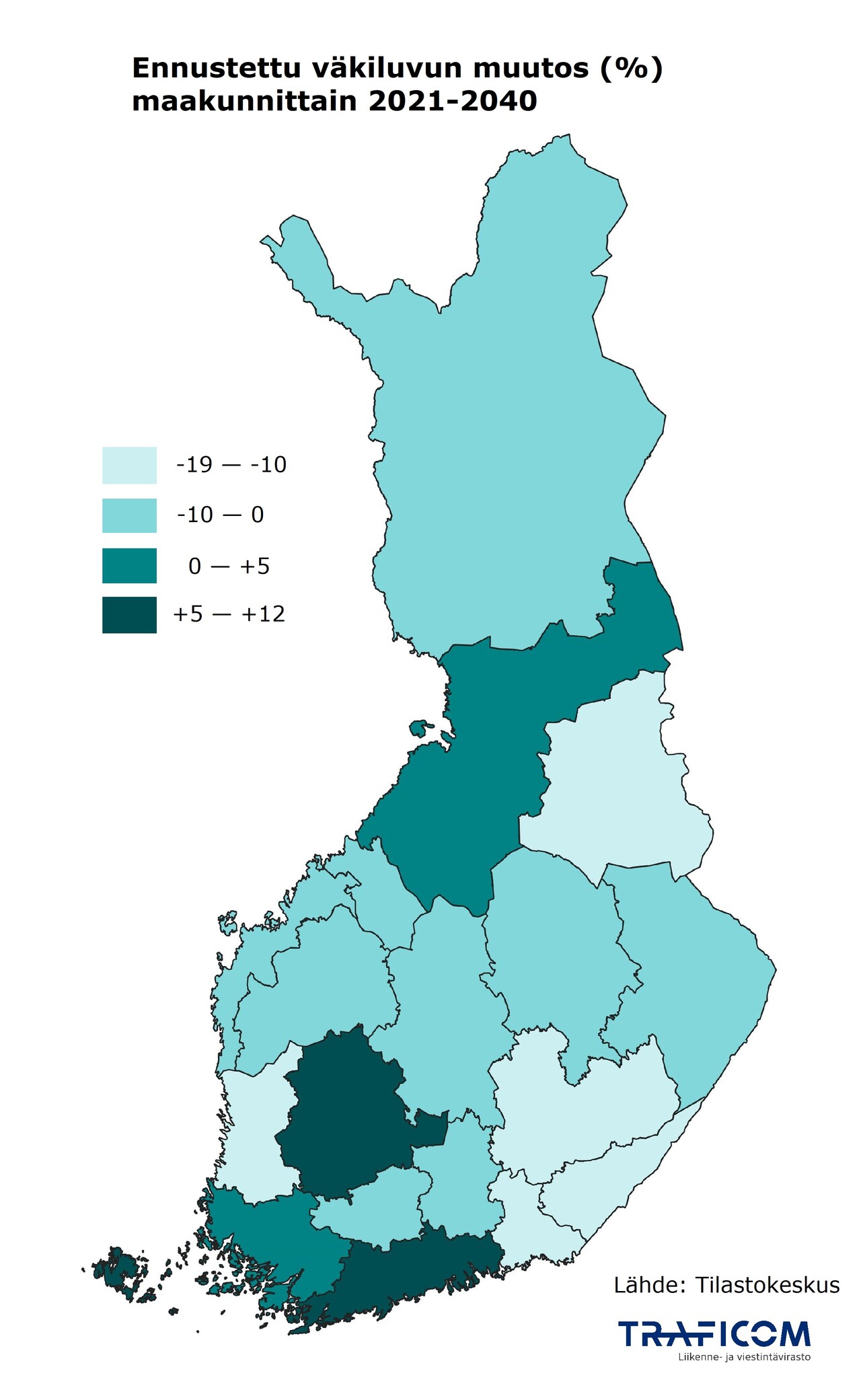 Suomen kartalla ennustettu väkiluvun muutos (%) maakunnittain 2021 - 2040