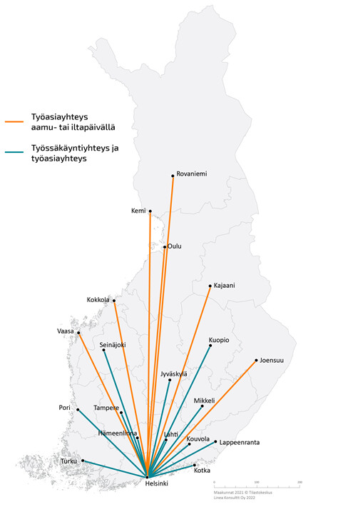 Suomen kartalla maakuntakeskusten ja Helsingin välisten työssäkäynti- ja työasiamatkojen palvelutason tavoitetila