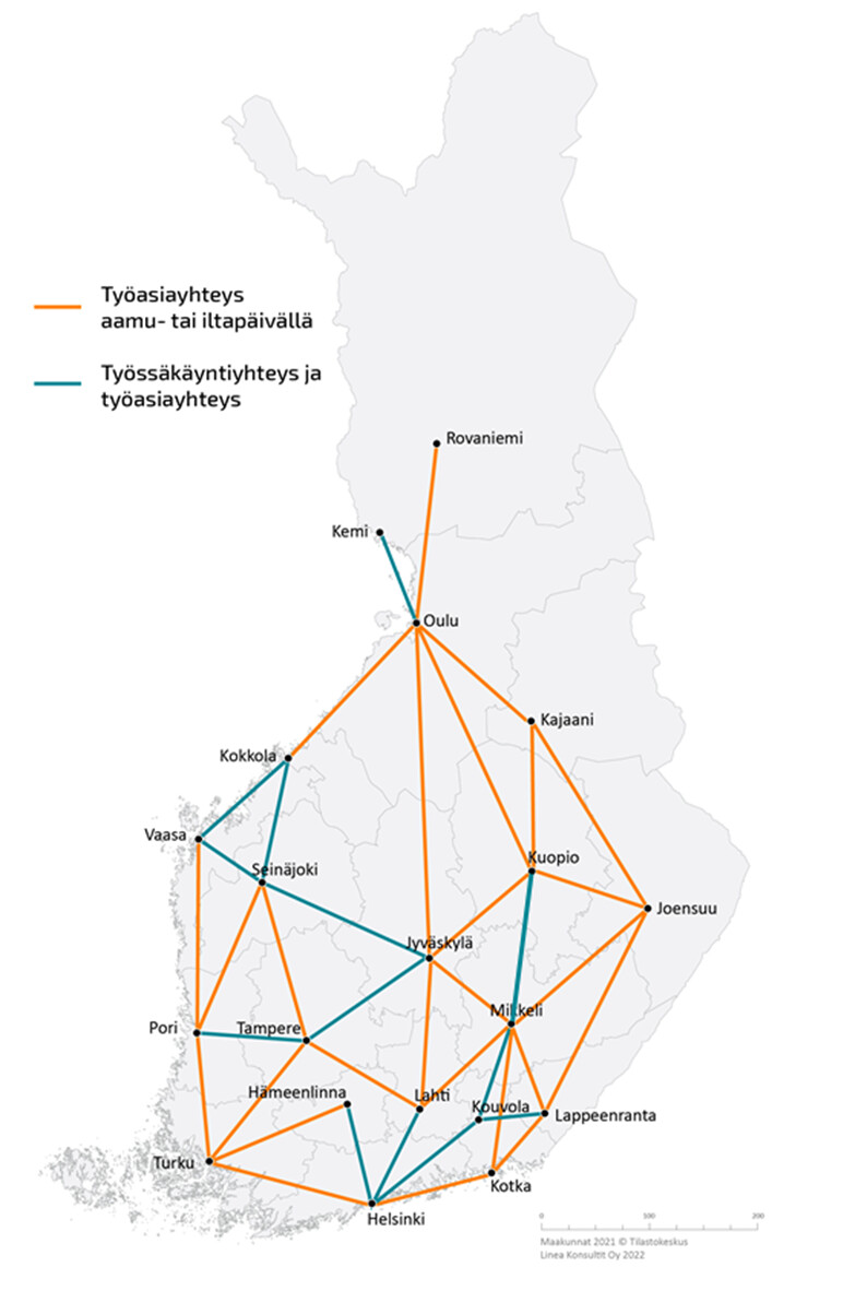 Suomen kartalla maakuntakeskusten välisten yhteyksien palvelutasotavoitteet