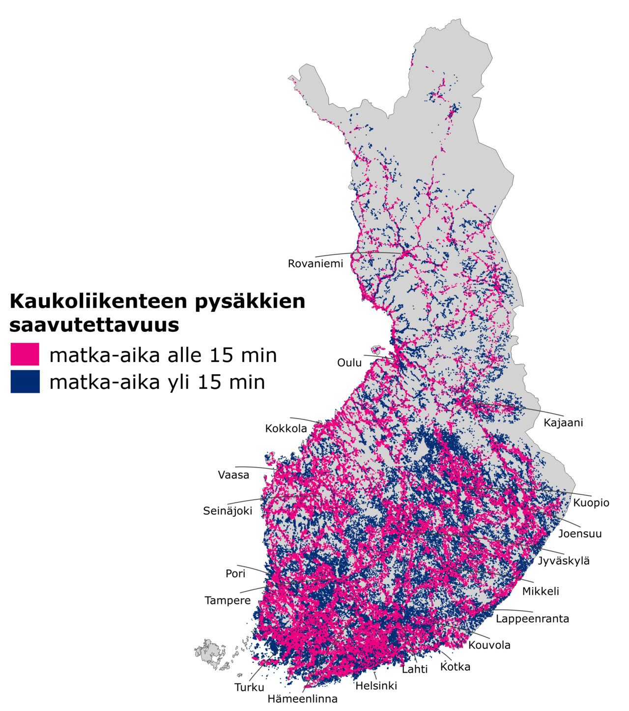 Kuvassa Suomen kartalla kaukoliikenteen pysäkkien saavutettavuus