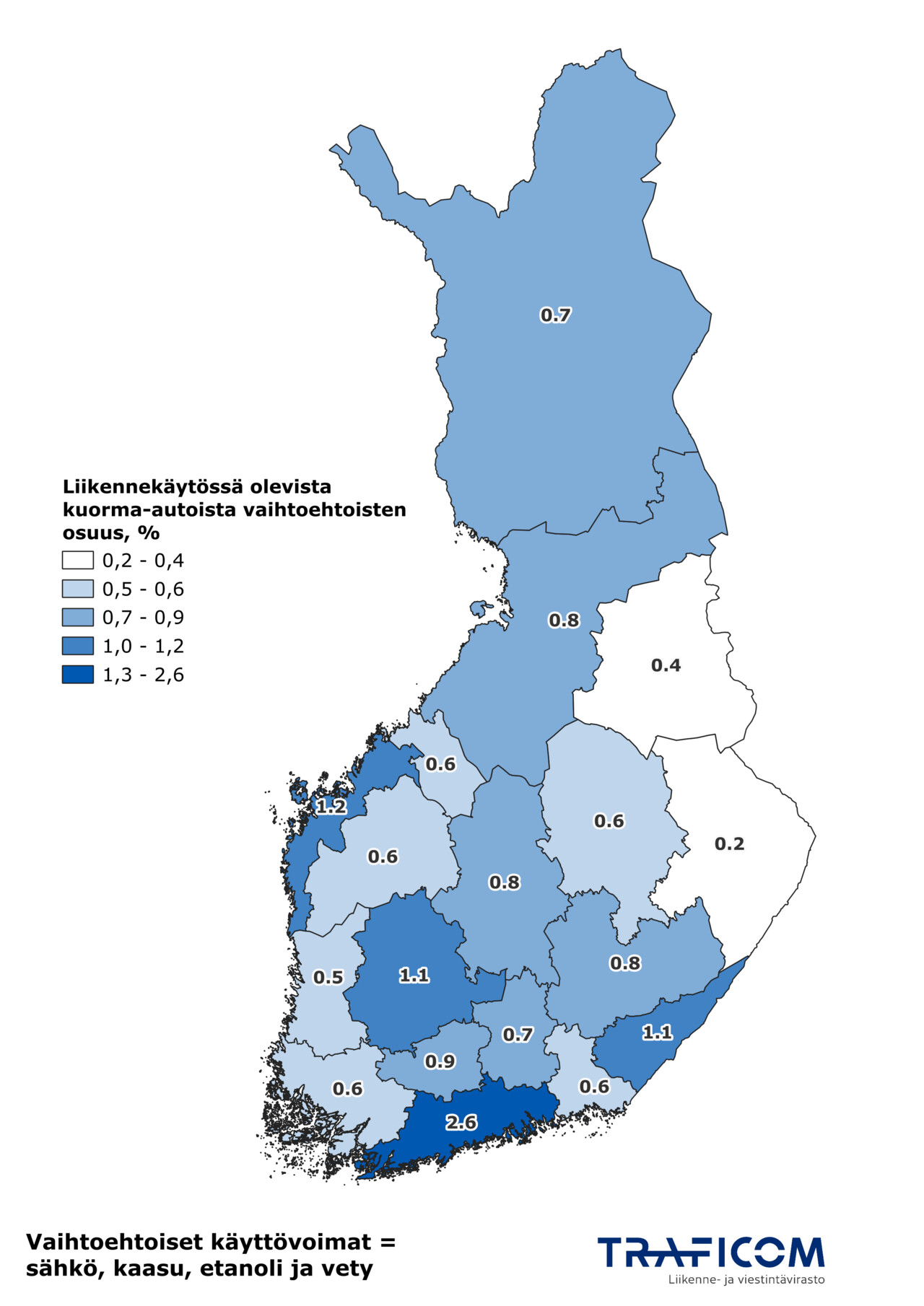 Käyttövoimaltaan vaihtoehtoisten kuorma-autojen osuus maakunnittain