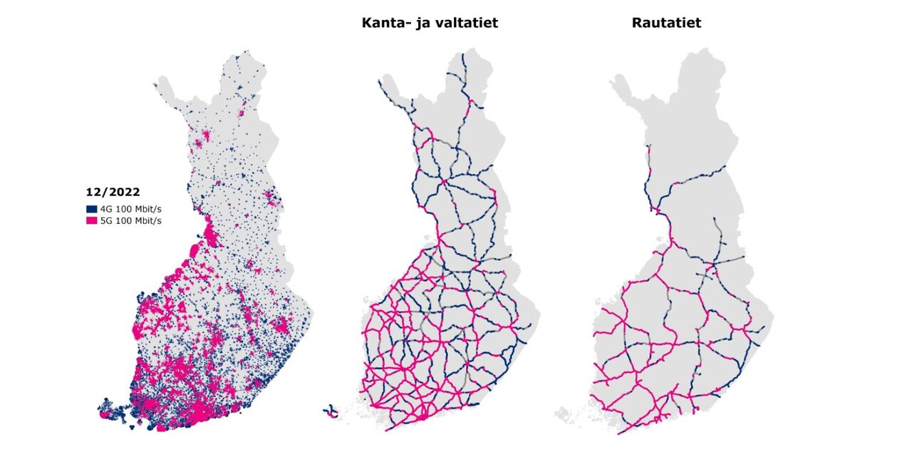 Kartalle esitetään nopean matkaviestinverkon kokonaispeitto sekä peitto tie- ja rataverkolla vuoden 2022 lopussa