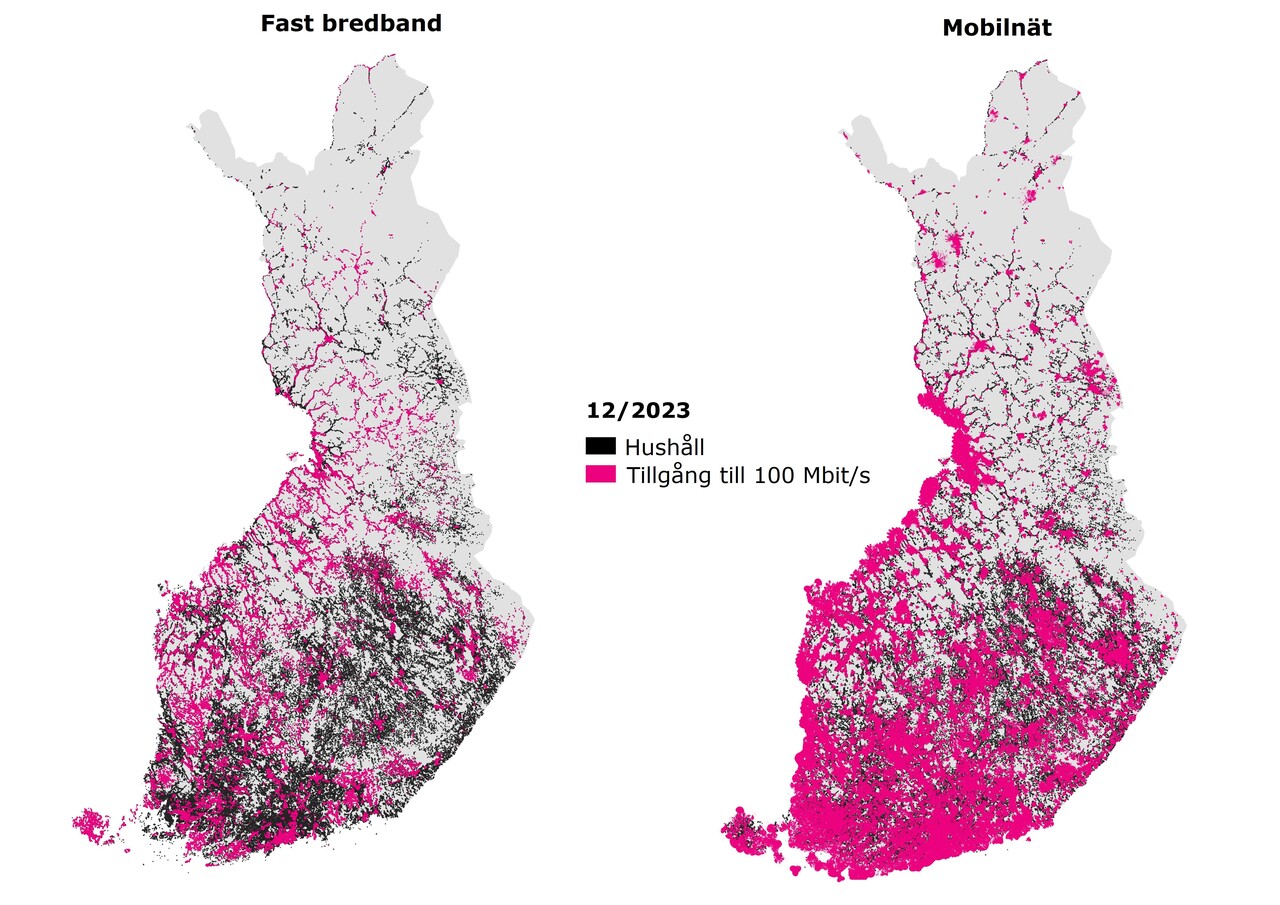 Kartan visar tillgången till snabbt bredband för hushållen.