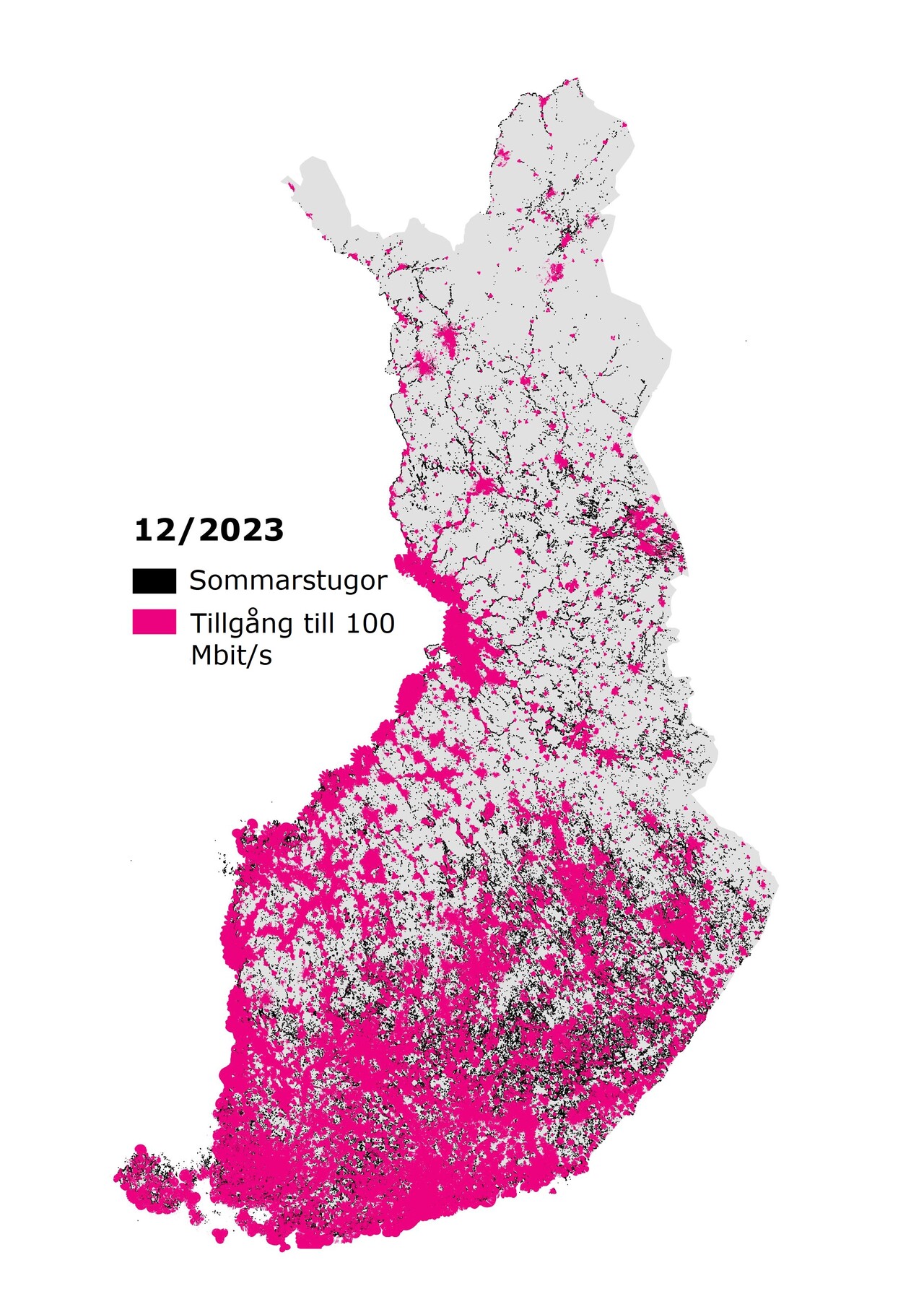 Kartan visar tillgången till ett snabbt mobilnät för sommarstugor.