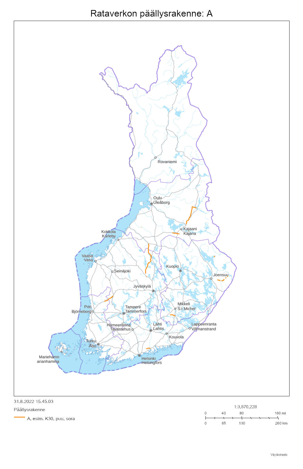 Suomen kartalla teiden päällysrakenteet