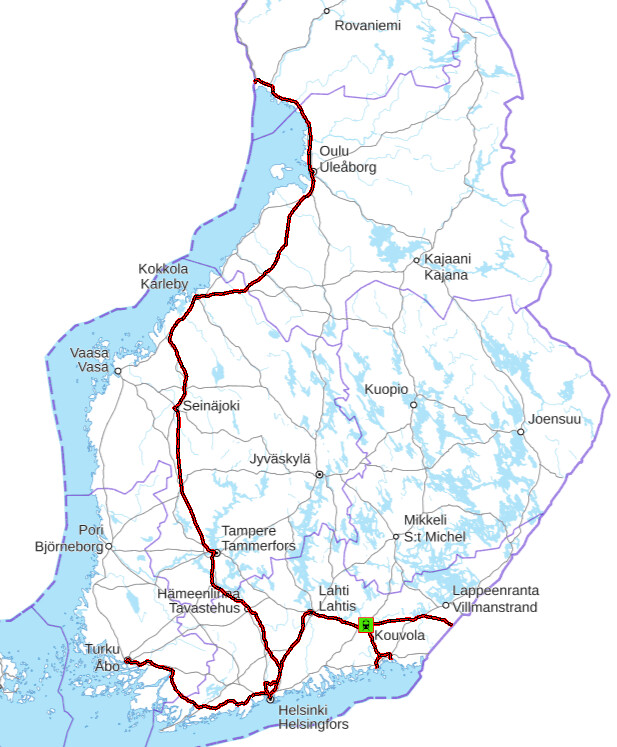 Suomen kartalla rautateiden TEN-T ydinverkko