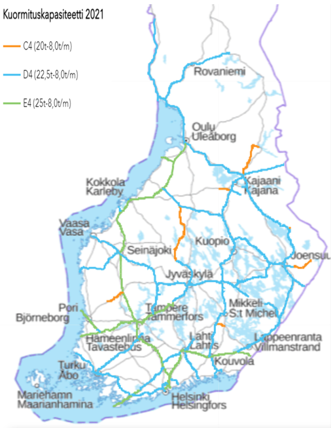 Suomen kartassa  kuormituskapasiteetti vuonna 2021