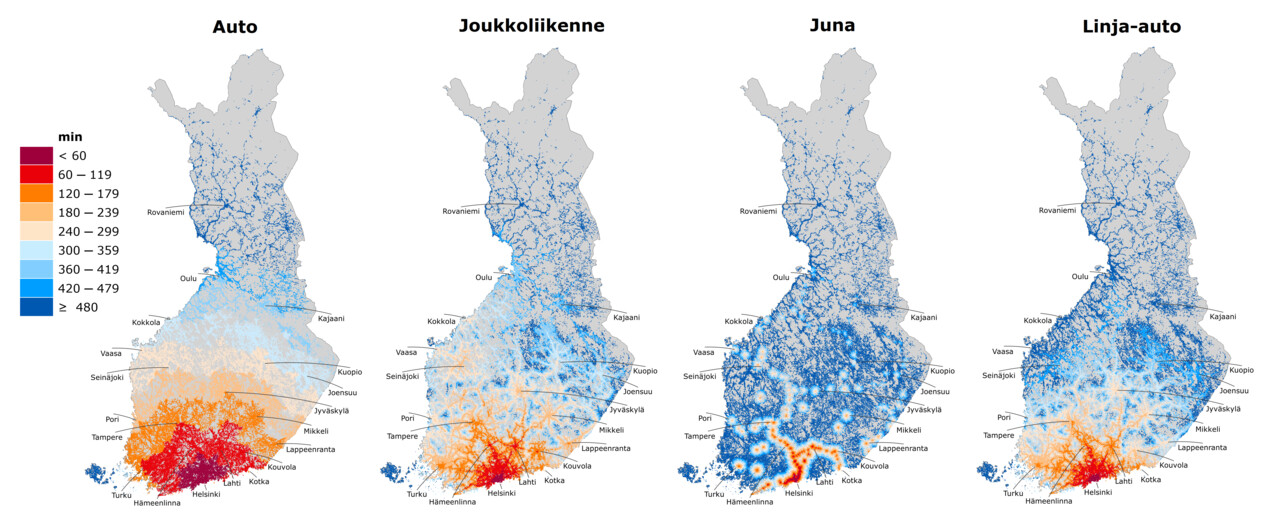 Kuvassa neljä eri Suomen karttaa, joissa esitetty Helsingin saavuttavuus autolla, joukkoliikenteellä, junalla ja linja-autolla.