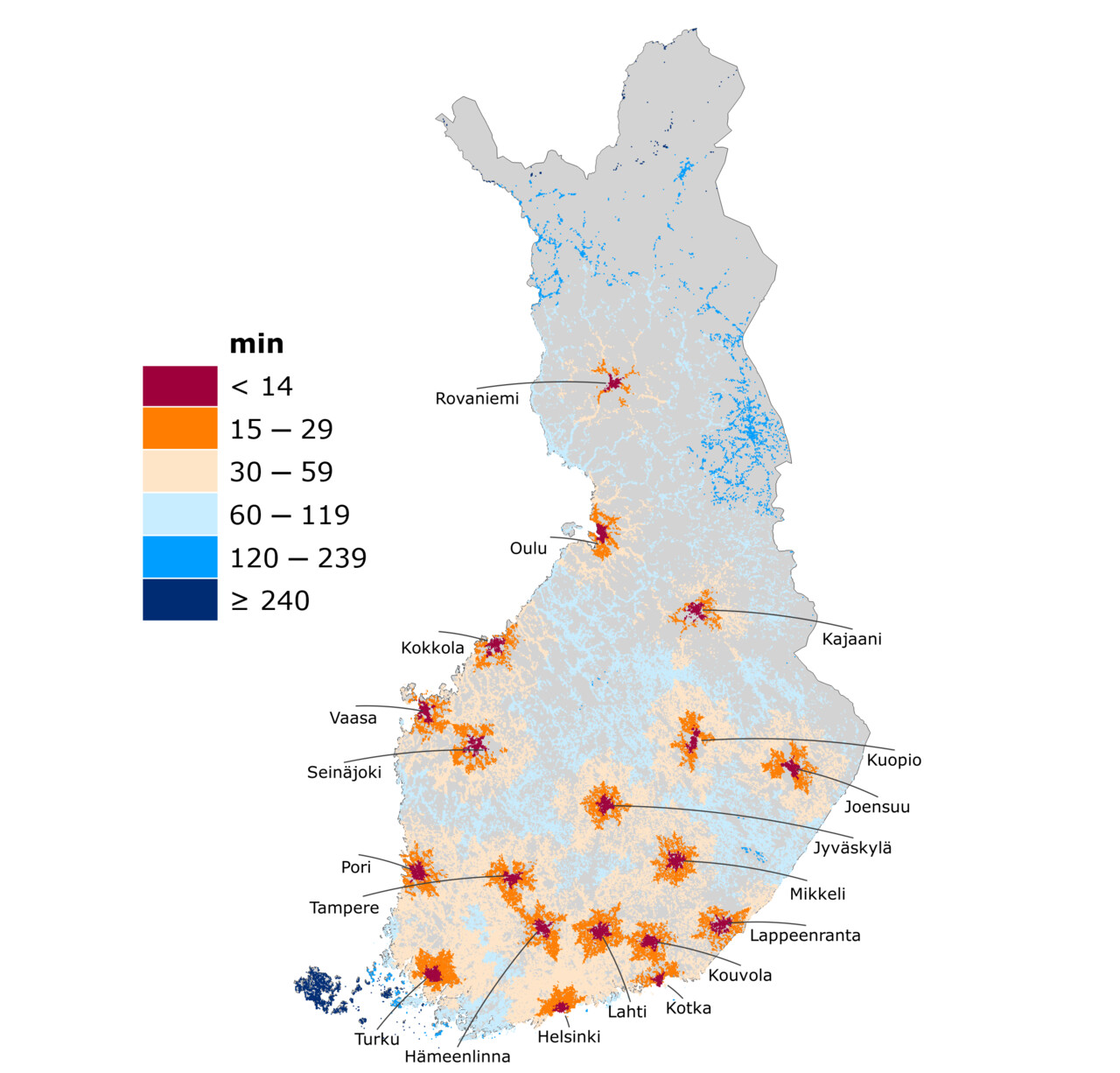 Suomen kartalla matka-aika lähimpään maakuntakeskukseen henkilöautolla