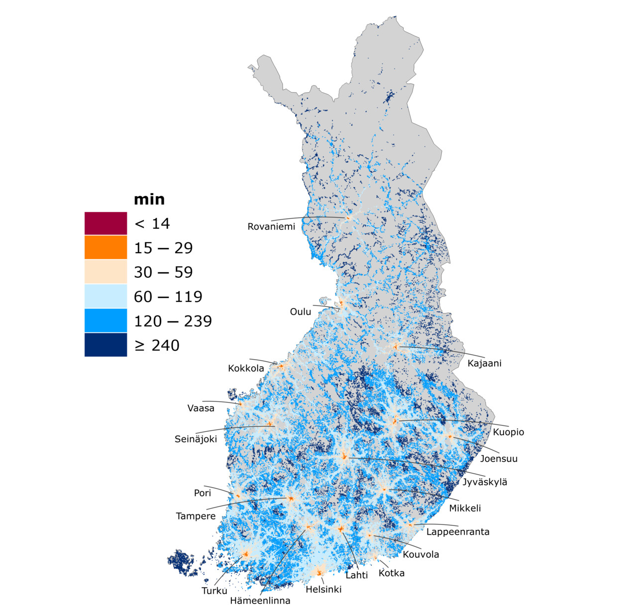 Kuvassa Suomen kartalla matka-aika lähimpään maakuntakeskukseen joukkoliikenteellä minuuteissa