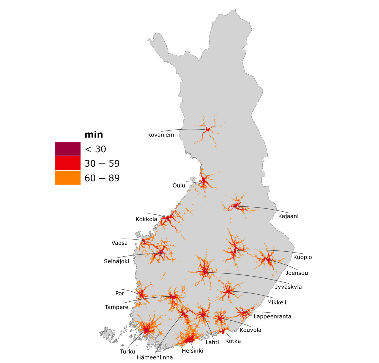 Kuvassa Suomen kartalla alueet, joilla matka-aika maakuntakeskuksiin joukkoliikenteellä on alle 30 min, 30-59 min ja 60-89 min.