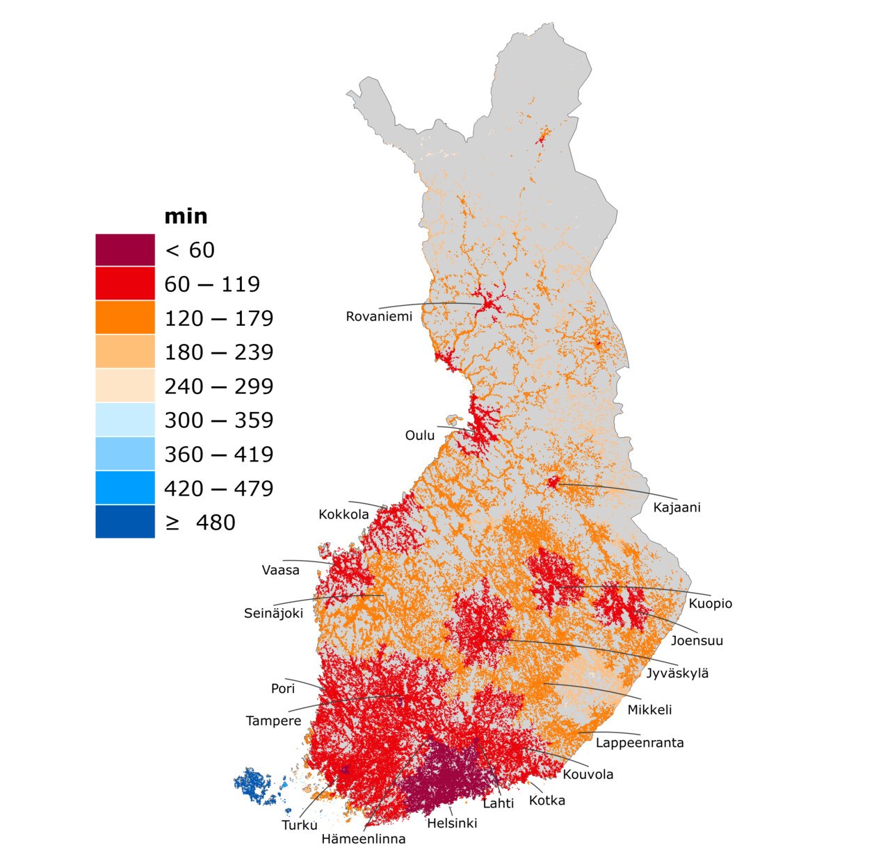 Kuvassa Suomen kartalla matka-aika Helsinki-Vantaalle (min) nopeimmalla kulkumuotoyhdistelmällä. Ahvenanmaan lentoyhteydet eivät sisältyneet lähtöaineistoon, jonka johdosta saavutettavuus näyttäytyy heikkona.