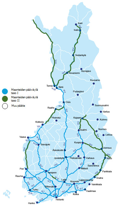 Suomen kartassa maanteiden pääväylien palvelutasoluokat.