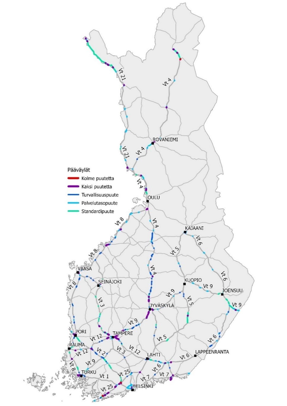 Suomen kartassa maanteiden pääväylät ja niiden puutteet.