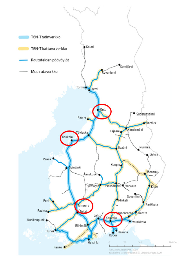 Kuvassa Suomen kartalla keskeisiä ratapihoja, joilla tarvetta erilaisille peruskorjaus-, parantamis- tai kehittämistoimenpiteille