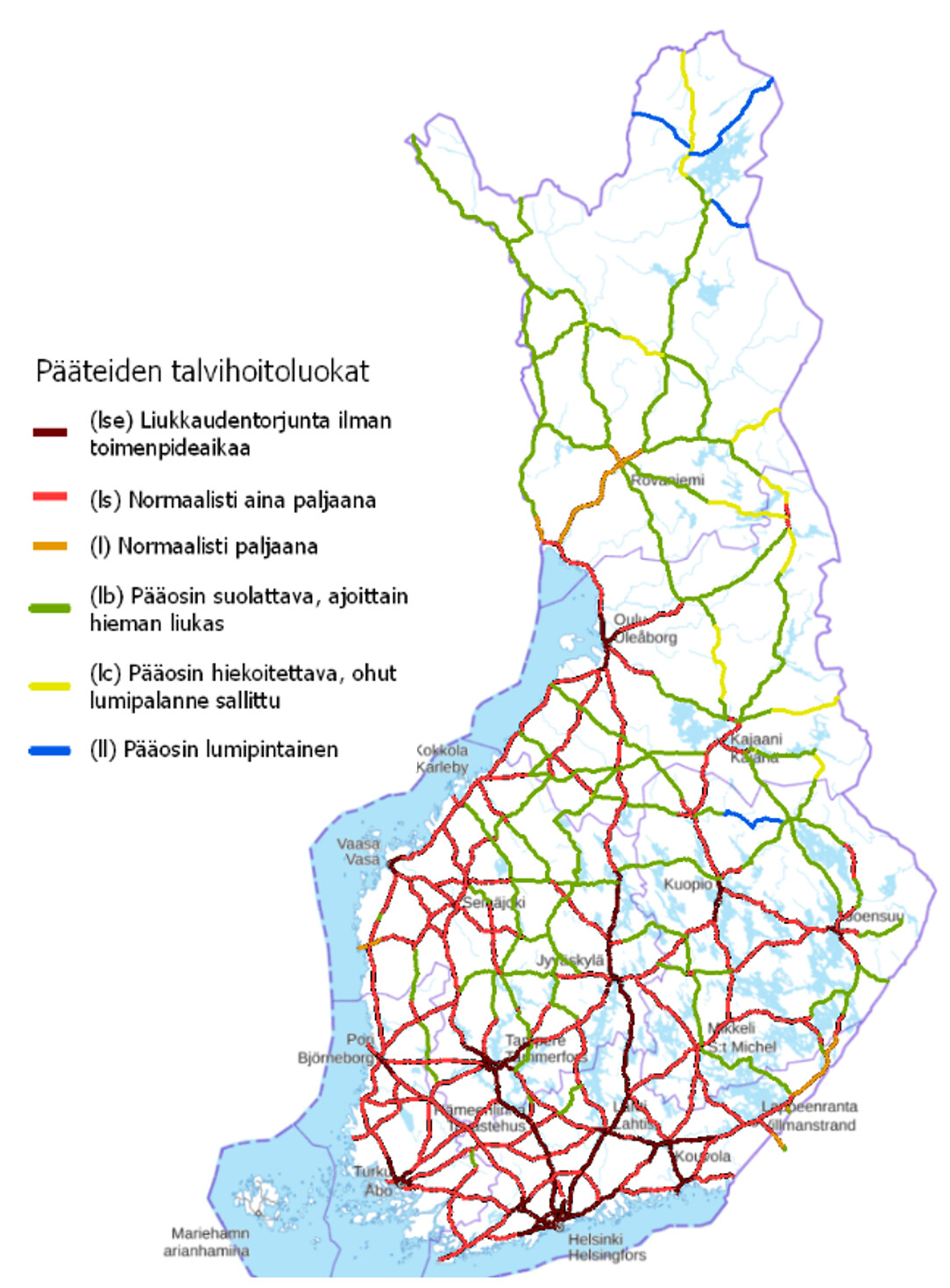Suomen kartassa pääteiden talvihoitoluokat.