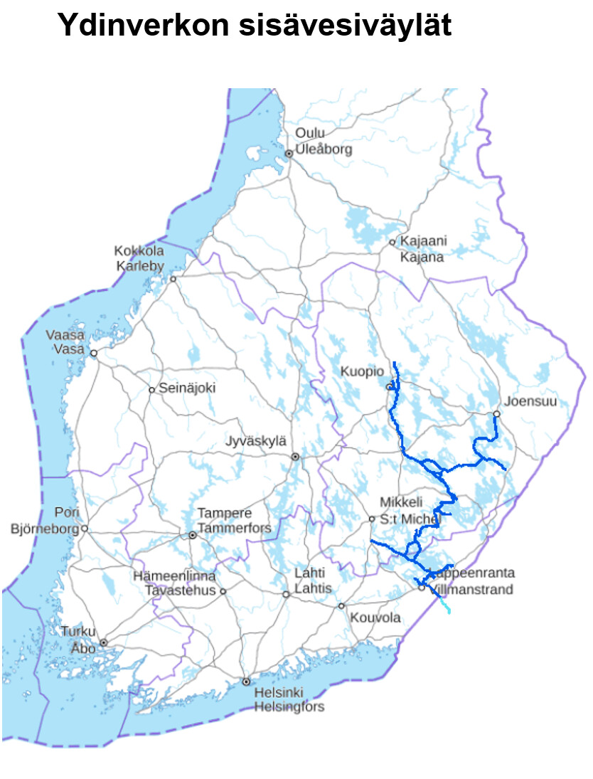Kuvassa Suomen kartalla ydinverkon sisävesiväylät. Väylä ulottuu Lappeenrannasta Kuopioon ja Joensuuhun.