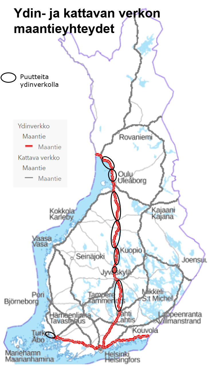 Kuvassa Suomen kartalla ydin ja kattavan verkon maantieyhteydet.
