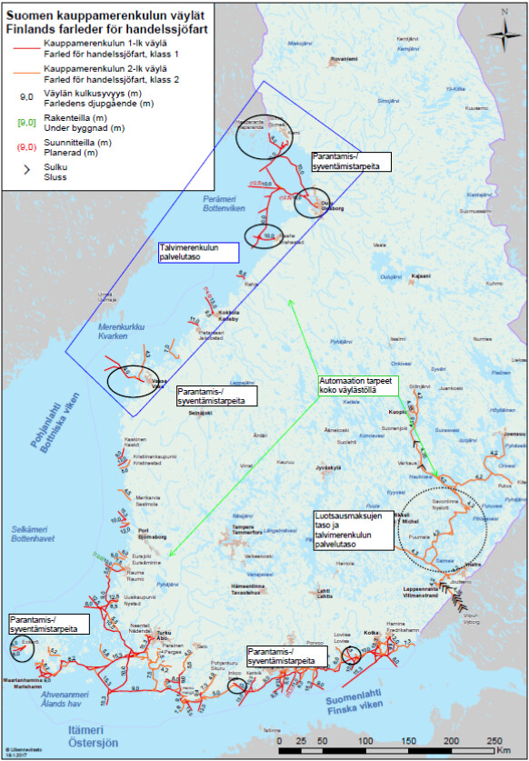 Kuvassa Suomen kartassa kauppamerenkulun väylät