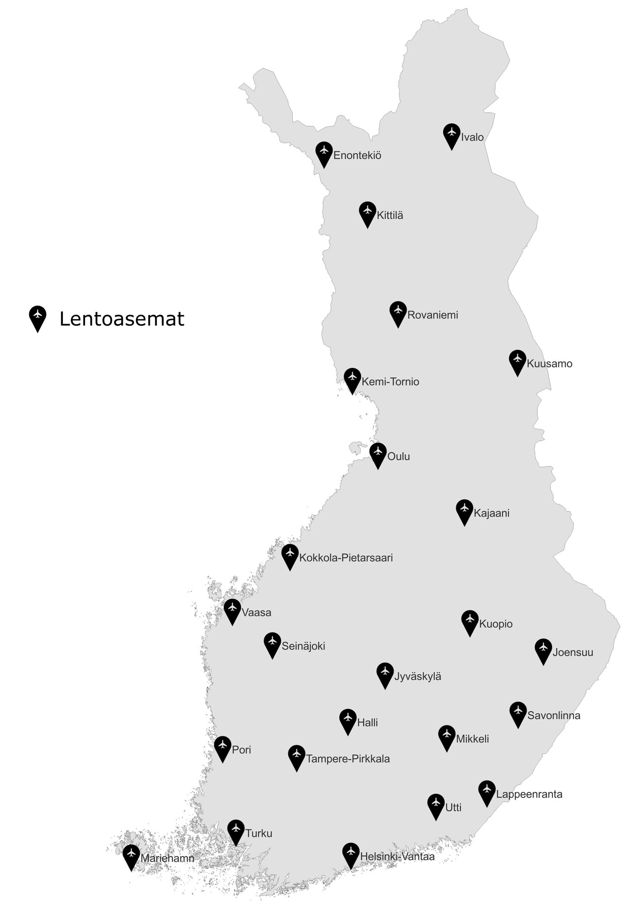 Suomen kartalla esitetty Suomen lentoasemat pisteinä.