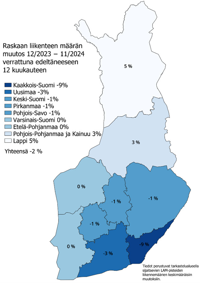 Suomen kartalla esitetty raskaan liikenteen määrän muutos (%) pääteillä marraskuussa 2024 verrattuna vuoden 2023 joulukuuhun.