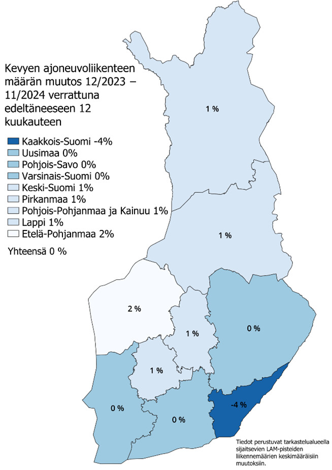 Suomen kartalla kevyen ajoneuvoliikenteen määrän muutos (%) aikavälillä 12/2023–11/2024 verrattuna edellisen vuoden vastaavaan ajankohtaan.