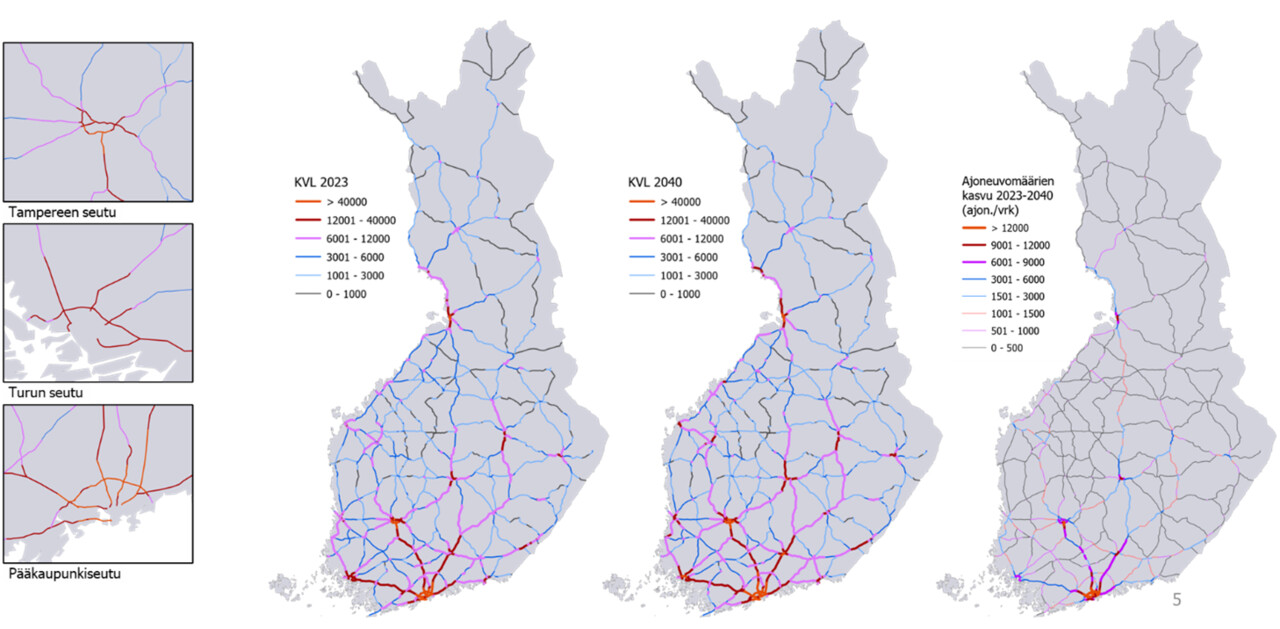 Kuvassa Suomen kartassa eriteltynä liikenteen määrä ja sen ennuste Tampereen seudulla, Turun seudulla ja pääkaupunkiseudulla (KVL 2023)