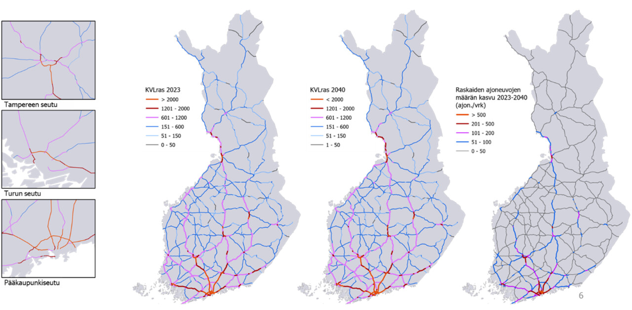 Kuvassa erilliset Suomen kartat: 1) keskimääräinen vuorokausiliikenne raskasliikenne 2023 2) keskimääräinen vuorokausiliikenne raskasliikenne 2040 ja 3) raskaiden ajoneuvojen määrän kasvu 2023 -2040.