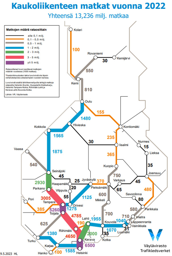 Suomen kartassa Henkilöliikenteen matkat vuonna 2022