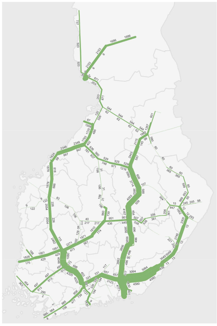 Suomen kartalla vuoden 2030 ennustetut kuljetusmäärät rataverkolla.