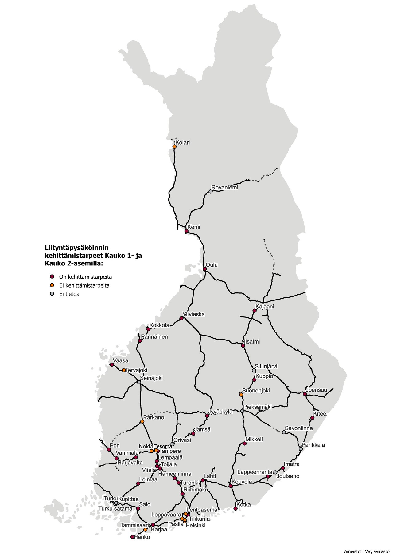 Kuvassa on Suomen kartalla liityntäpysököinnin kehitystarpeet Kauko 1- ja Kauko 2 -asemilla.