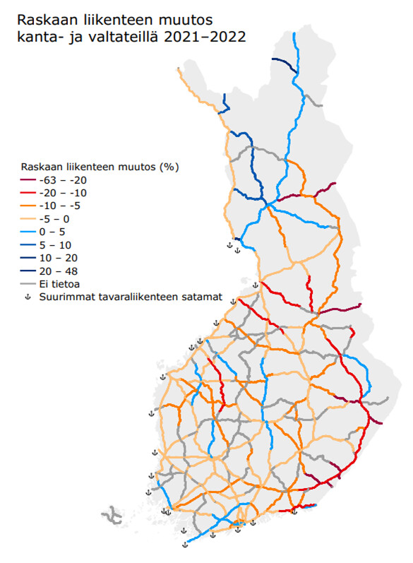Suomen kartalla raskaan liikenteen ajoneuvojen määrien muutokset kanta- ja valtateillä vuosina 2021-2022.