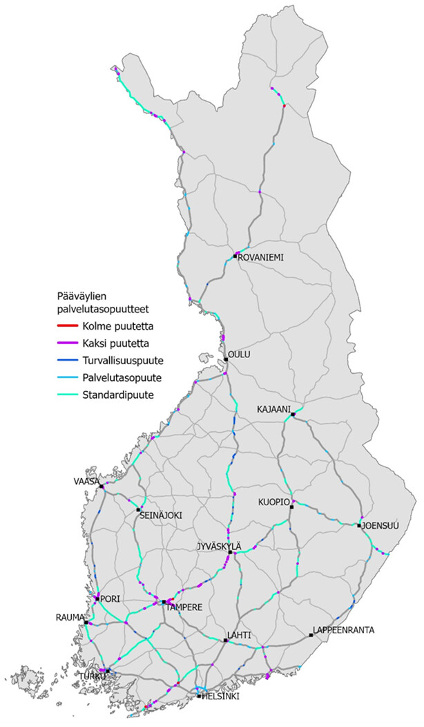 Suomen kartassa maanteiden pääväylät ja niiden puutteet vuonna 2022