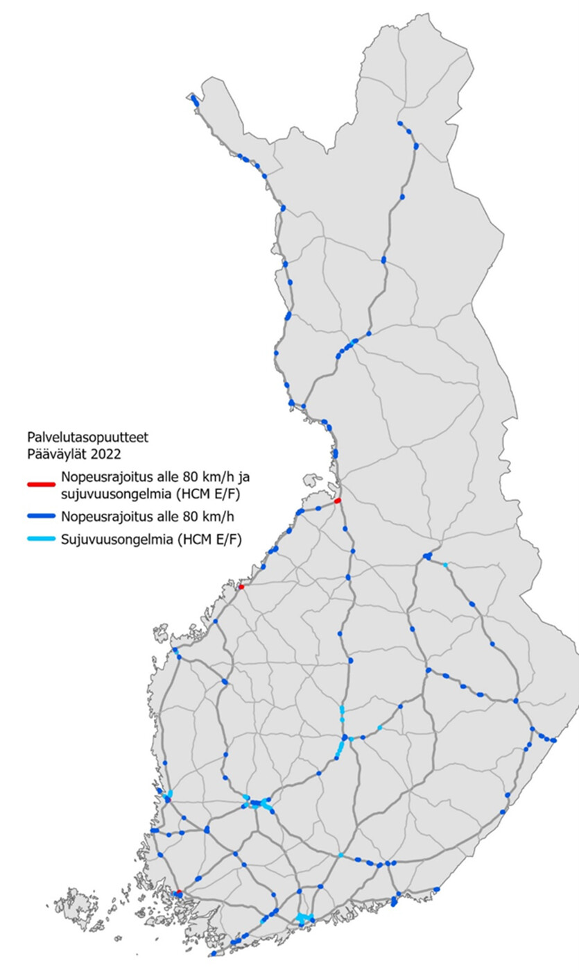 Suomen kartassa maanteiden pääväylät, joissa nopeusrajoitus alle 80 km/h ja sujuvuusongelmia vuonna 2022.