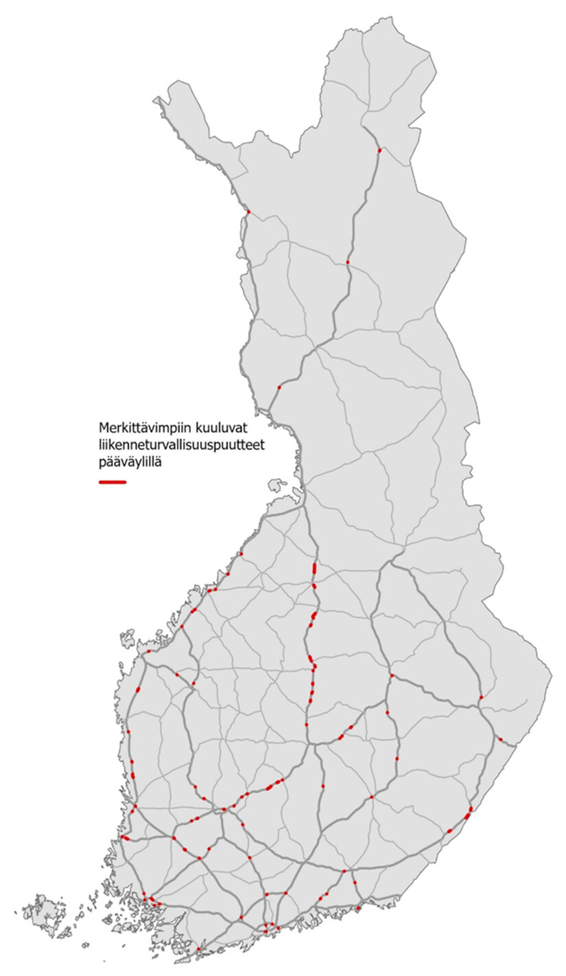 Suomen kartalla merkittävimpiin kuuluvat liikenneturvallisuuspuutteet pääväylillä