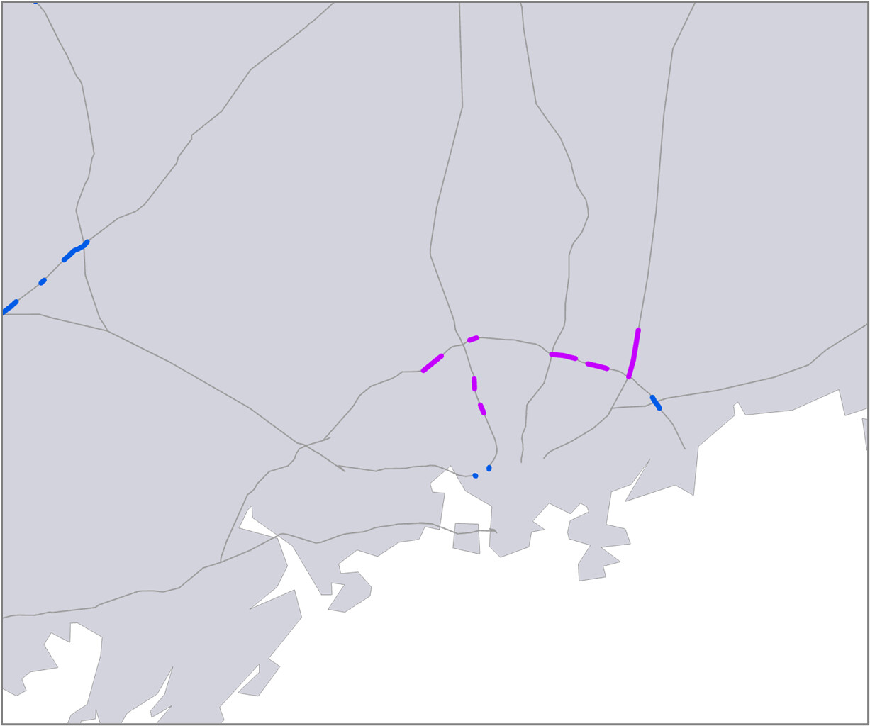 Maanteiden pääväylät ja sujuvuusongelmat vuonna 2024. Kuvassa pääkaupunkiseutu.
