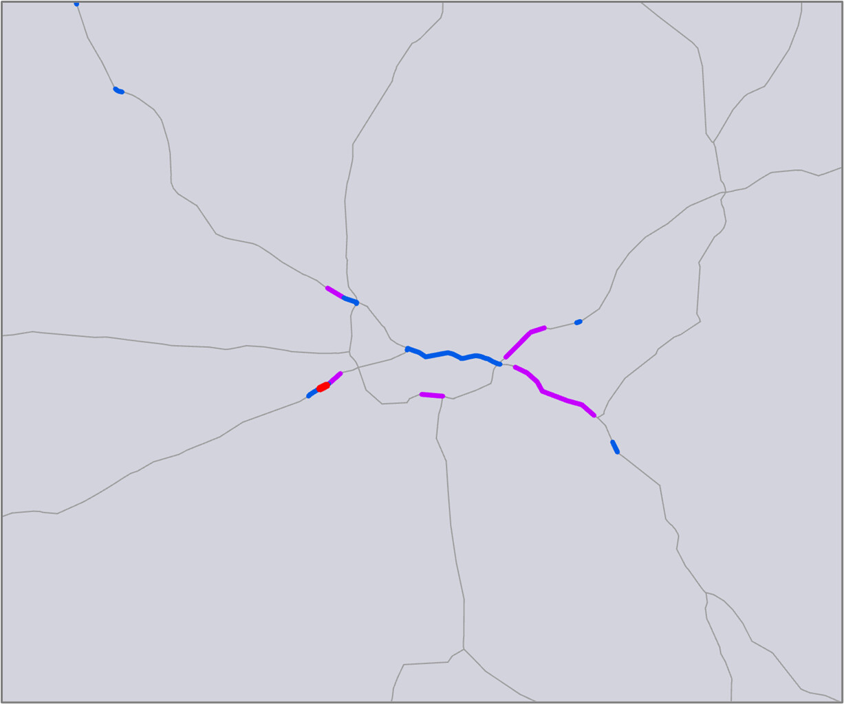 Maanteiden pääväylät ja sujuvuusongelmat vuonna 2024. Kuvassa Tampereen seutu.