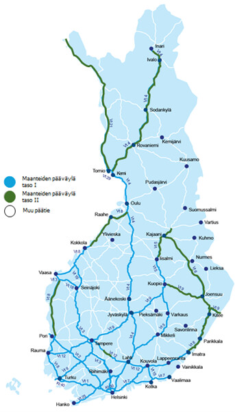 Suomen kartassa maanteiden pääväylät ja palvelutasoluokat.