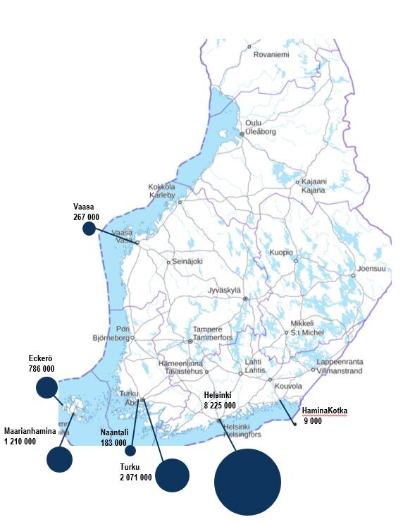 Kuvassa Suomen kartalla matkustajaliikenne suomen ja ulkomaiden välillä vuonna 2022. Suurimmat satamat ovat Helsinki, Turku ja Maarianhamina.