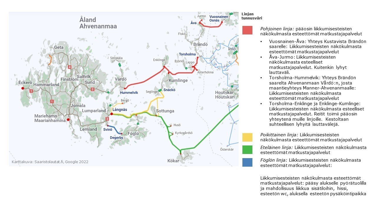 Kuvassa kartalla Ahvenamaan saaristoliikenteessä reittejä, joissa on  tarjolla esteettömiä matkustajapalveluista.