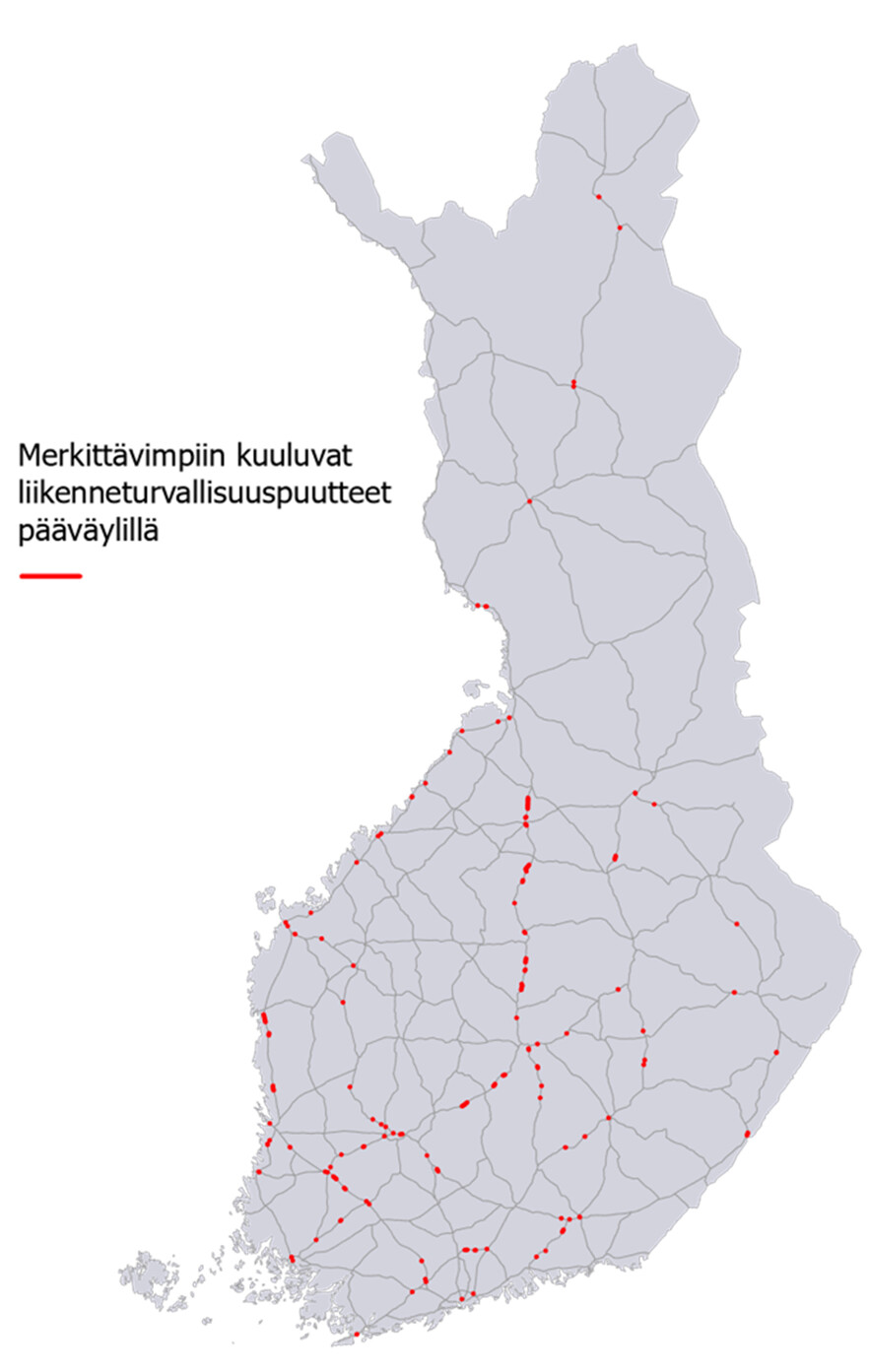 Suomen kartalla merkittävimpiin kuuluvat liikenneturvallisuuspuutteet maanteiden pääväylillä vuonna 2023.