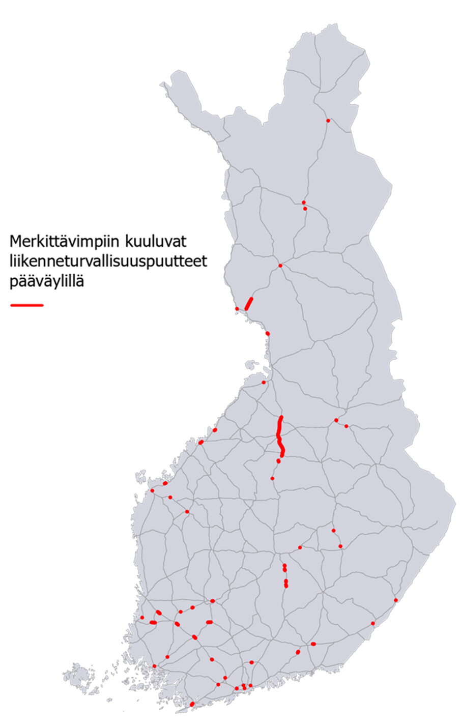 Suomen kartalla merkittävimpiin kuuluvat liikenneturvallisuuspuutteet maanteiden pääväylillä vuonna 2024.
