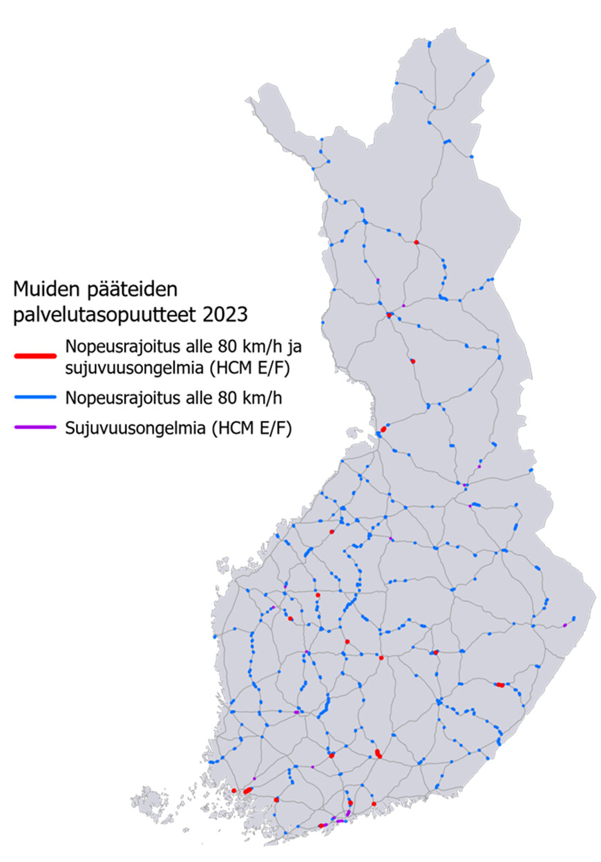 Suomen kartassa muu päätieverkko (8 000 km), joissa nopeusrajoitus alle 80 km/h ja sujuvuusongelmia vuonna 2023.