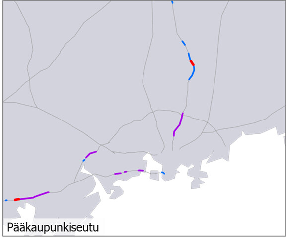 Kuvassa päätieverkon palvelutasopuutteet pääkaupunkiseudulla