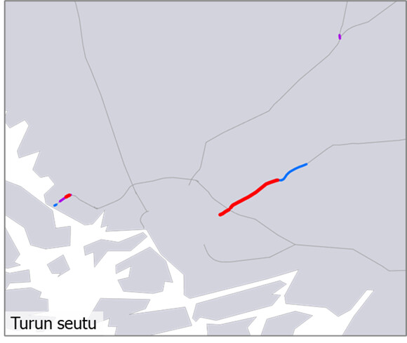 Kuvassa päätieverkon palvelutasopuutteet Turun seudulla