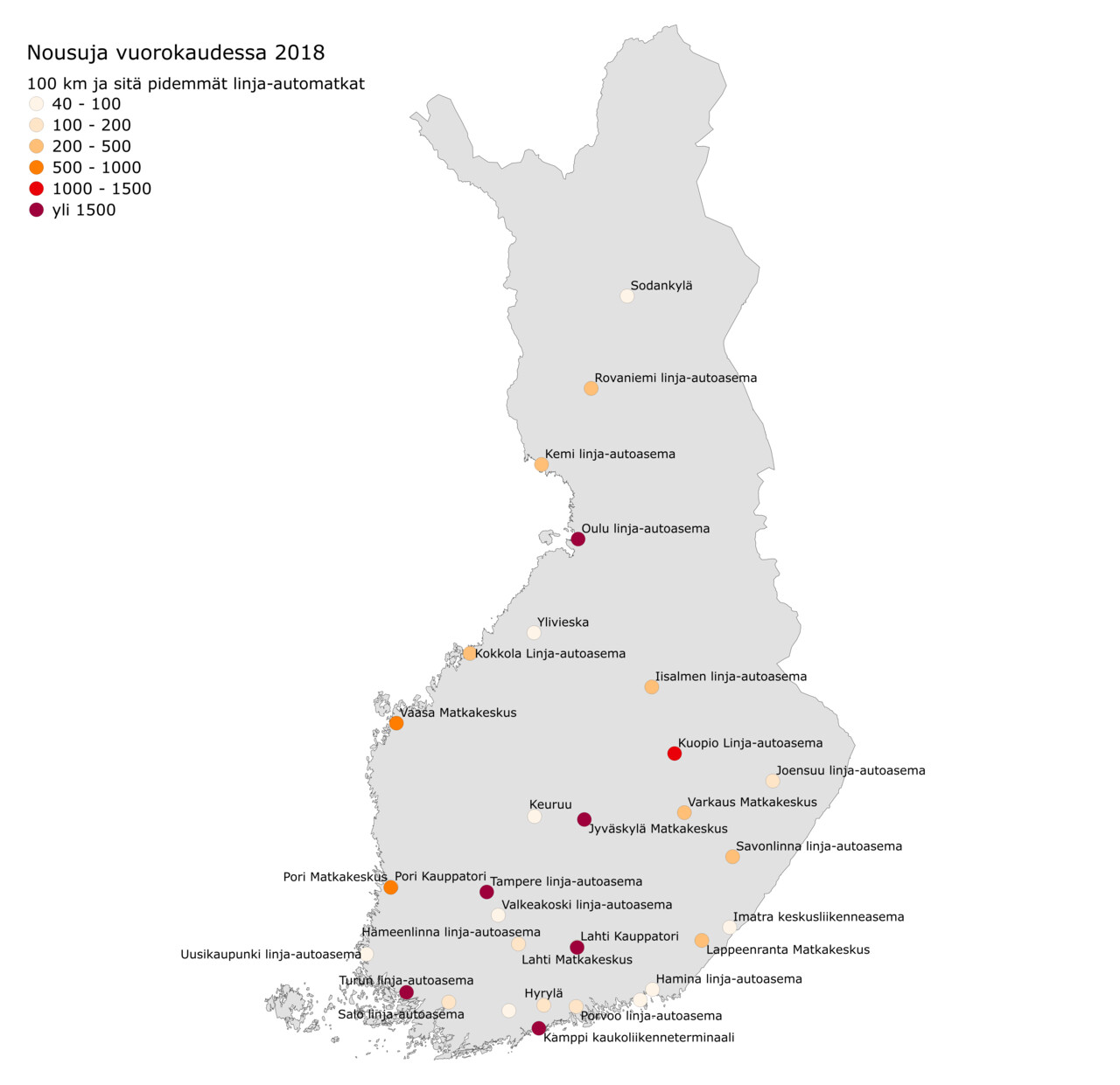 Suomen kartalla tärkeimmät pitkämaisen linja-autoliikenteen solmukaupungit vuoden 2018 linjastolla