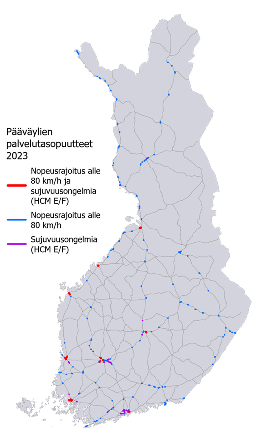 Suomen kartassa maanteiden pääväylät, joissa nopeusrajoitus alle 80 km/h ja sujuvuusongelmia vuonna 2023.