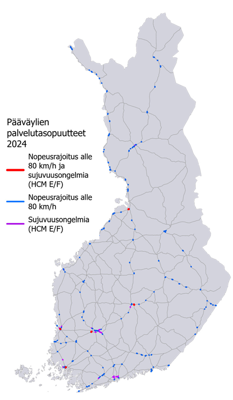 Suomen kartalla esitetty maanteiden pääväylät, joissa nopeusrajoitus alle 80 km/h ja sujuvuusongelmia vuonna 2024.