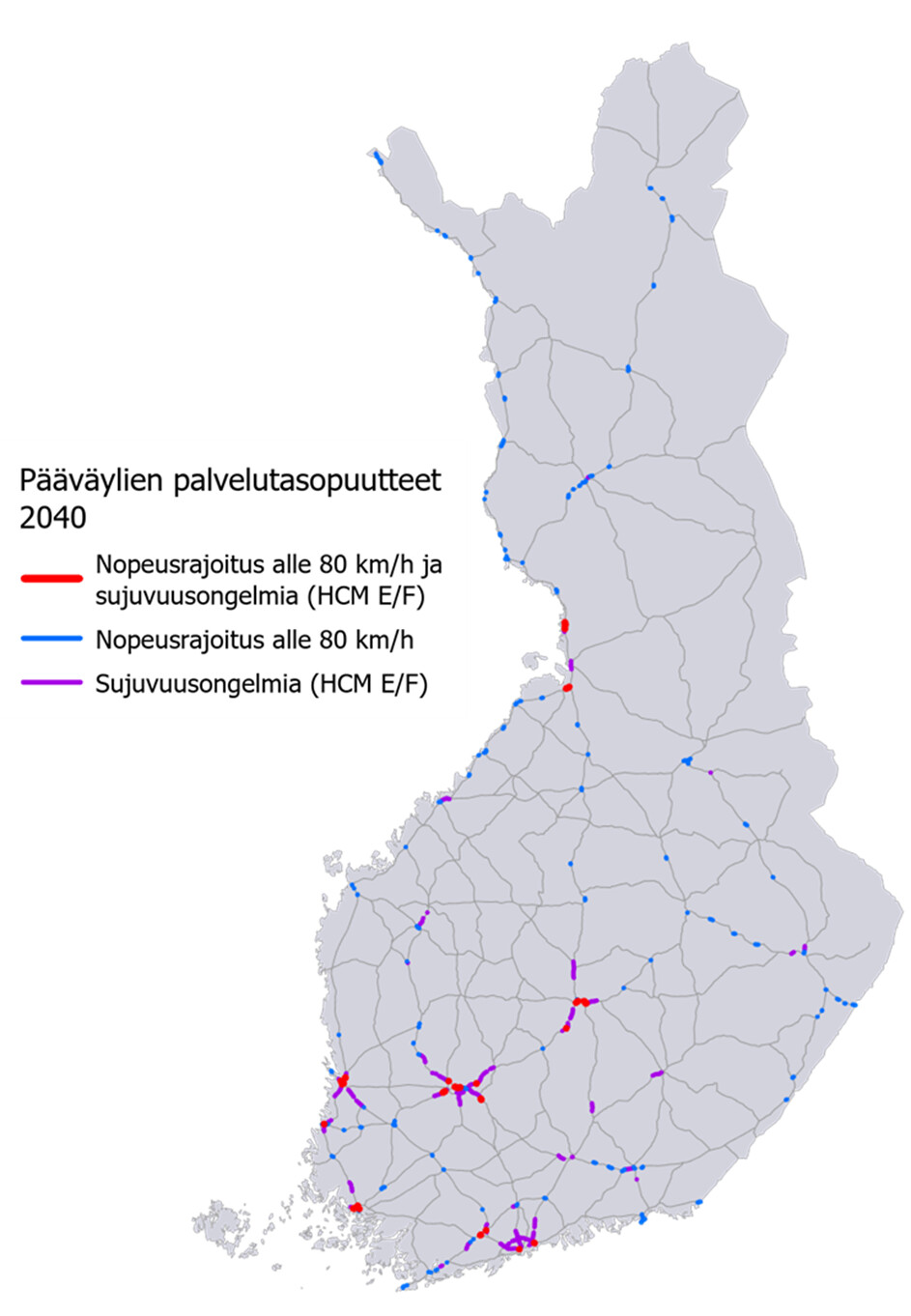 Suomen kartassa maanteiden pääväylät, joissa nopeusrajoitus alle 80 km/h ja sujuvuusongelmia vuonna 2040.